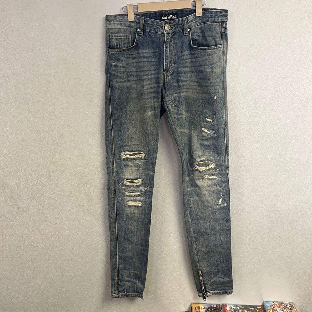 Embellish Men's Blue Distressed Denim Jeans Size 32